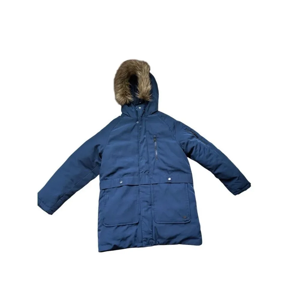Zara Kids Navy Blue Faux Fur Trim Hooded Full Zip Down Parka Jacket Size 11/12